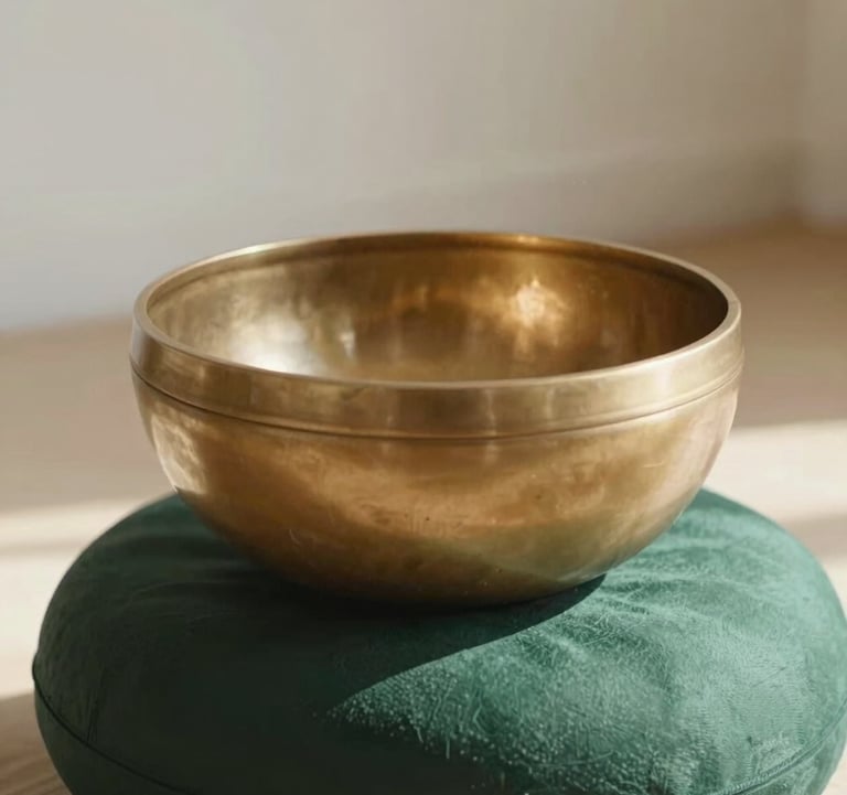 A close-up photograph of a brass singing bowl on a dark forest green cushion. Sunlight catches the metal, and the background is a soft off-white, suggesting a meditative Western European / French holistic space.