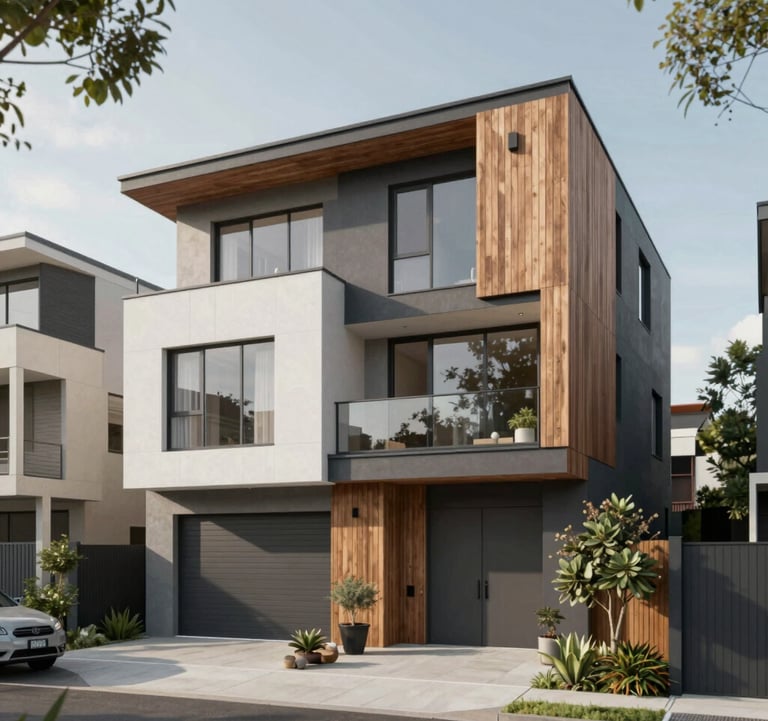 Architectural rendering of a premium multi-dwelling townhouse development in an upscale NSW suburb. The design is modern and sophisticated, featuring private courtyards and high-end timber finishes. The atmosphere is professional and exclusive, utilizing a palette of #4A5759 and #212121.
