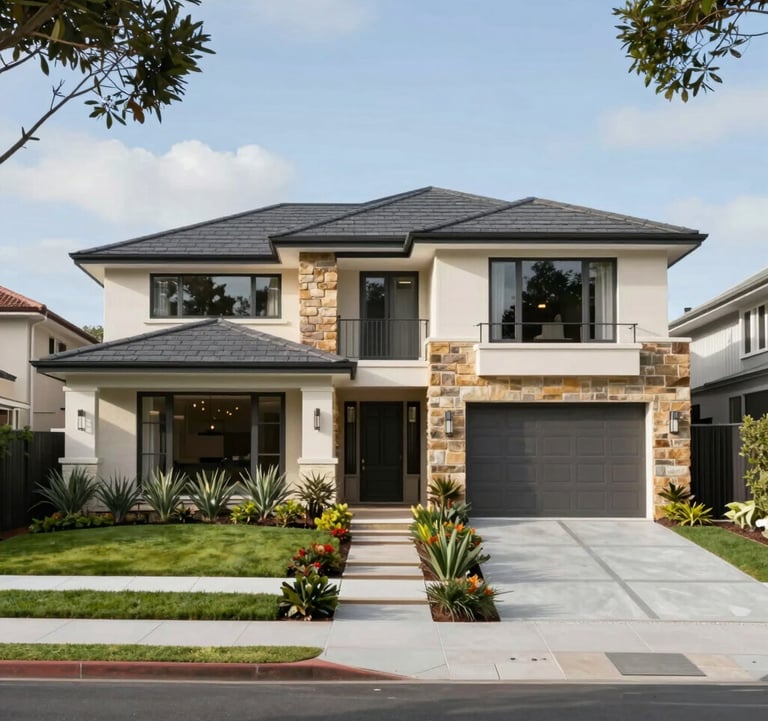 A wide shot of a completed luxury home project in Sydney, showing the integration of the building with manicured landscaping. The house features a mix of #F5F2ED rendered walls and #C8B8A3 stone accents. The lighting is bright daylight, highlighting the clean, precise lines of the build.