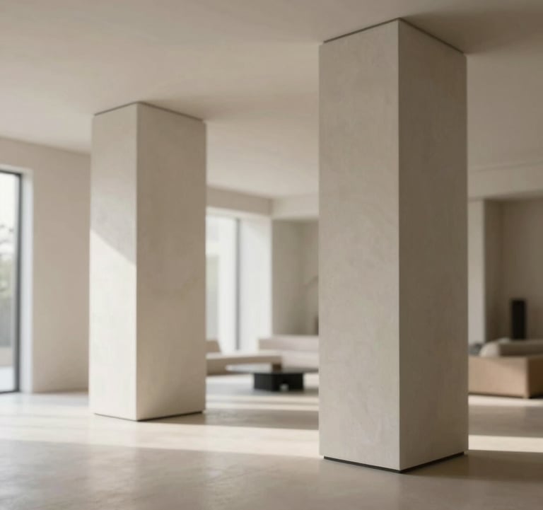 An interior shot of a luxury residential living space showing a focus on safety and integrity with grand, thick structural pillars finished in polished plaster. Minimalist aesthetic, morning light. Brand palette colors #F5F2ED and #C8B8A3 are used throughout.