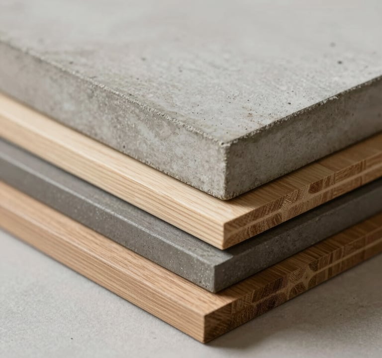 Close-up of premium building materials: a stack of high-quality timber and polished concrete samples. Clean, industrial, and high-end feel.