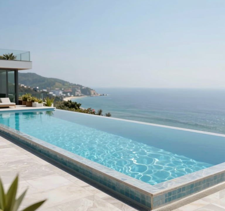 A sleek, infinity-edge swimming pool overlooking a coastal landscape, integrated into a modern architectural terrace.