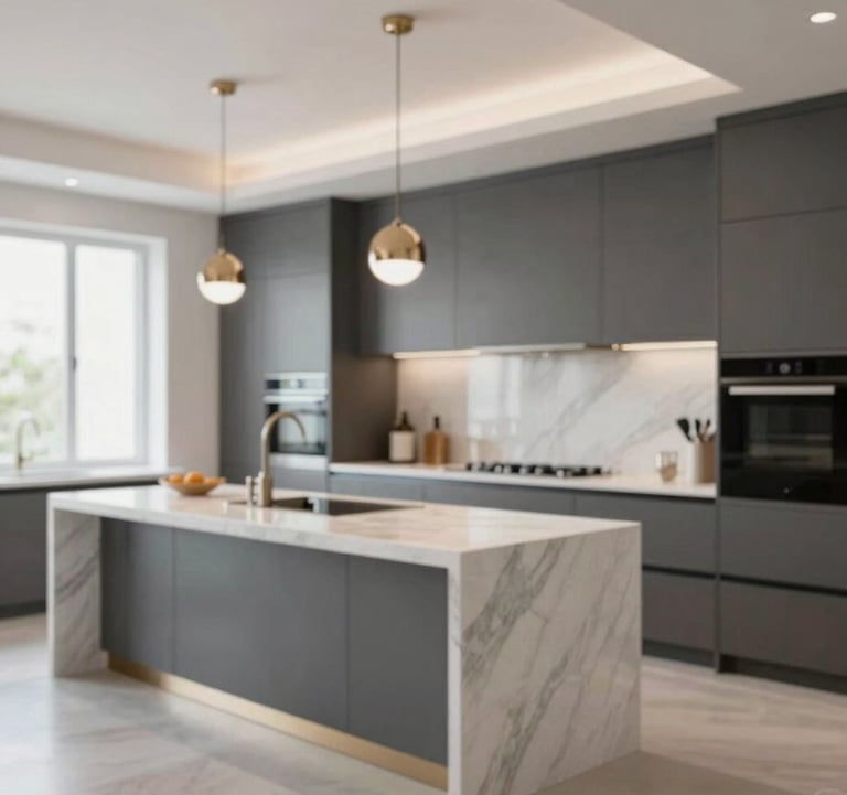 An interior shot of a bespoke luxury kitchen with high-end finishes. Marble countertops, custom cabinetry in slate #4A5759, and designer pendant lighting. The space is bright and airy, reflecting a mood of modern sophistication and precision craftsmanship.