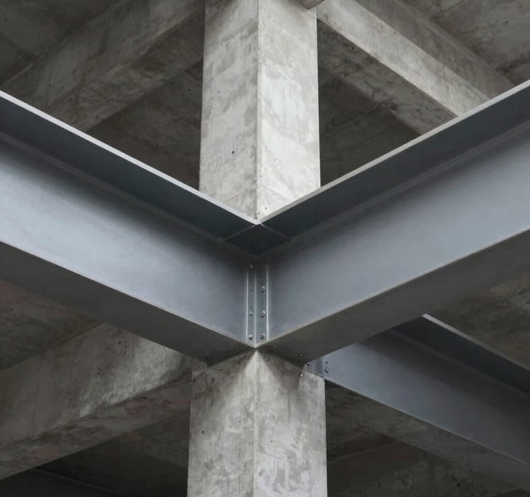 A close-up architectural detail shot focusing on structural excellence. Visible are precision-engineered steel beams and reinforced concrete work on a high-end site. The lighting is crisp and clear, emphasizing safety and durability. Tones of #4A5759 and #212121 dominate.