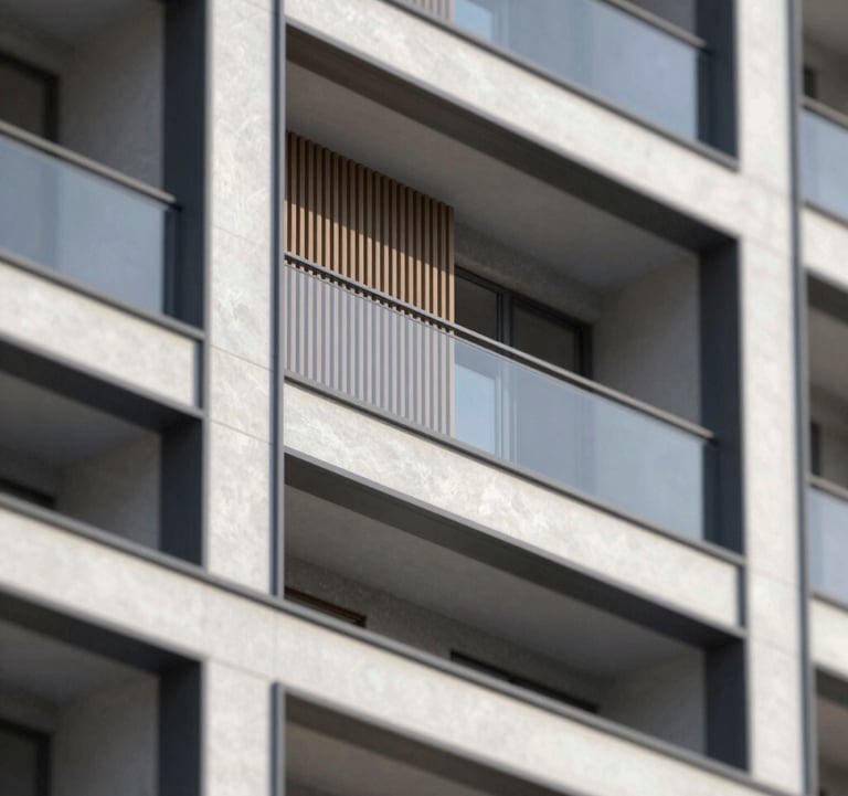 A close-up architectural detail of a luxury multi-dwelling development. The image showcases high-quality masonry, precision timber slats in #C8B8A3 tones, and sleek black steel frames (#212121). The composition is minimalist and high-contrast, emphasizing structural quality and bespoke craftsmanship.