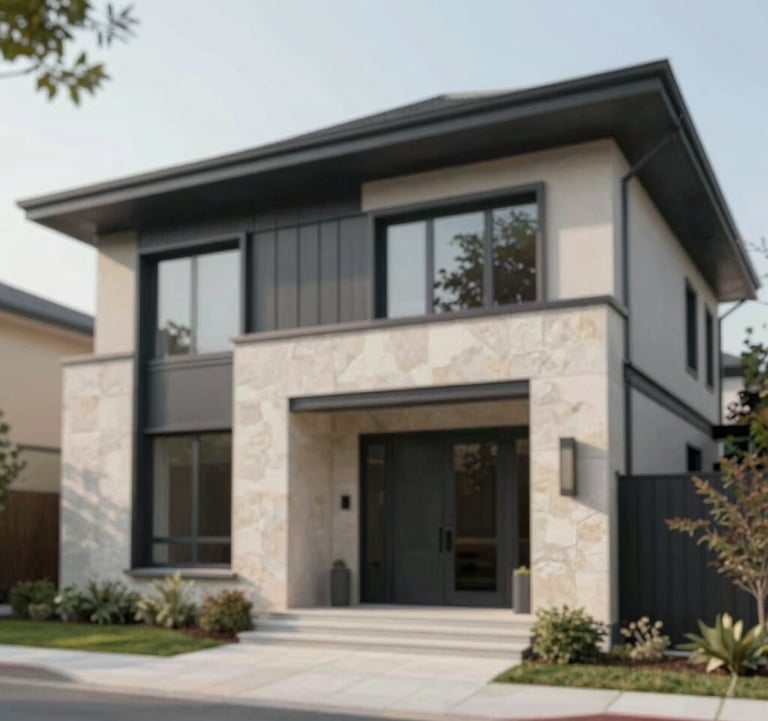 Exterior facade of a modern luxury home highlighting the use of natural stone and dark metal accents (#212121). Precision-engineered aesthetic.
