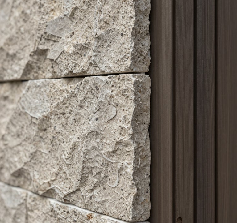 A detailed close-up of high-end construction materials: textured stone masonry meets precision-cut dark timber cladding. The lighting is crisp and clear, highlighting the craftsmanship. Brand colors #C8B8A3 and #4A5759 are visible in the stone and wood tones.