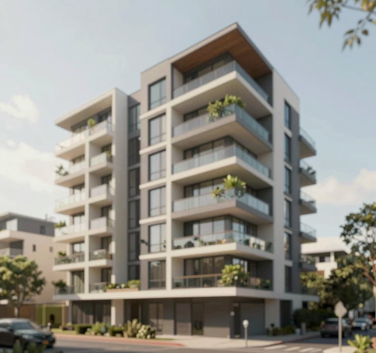 A wide shot of a modern multi-dwelling development in a prestigious NSW suburb. The design is sophisticated with sleek balconies and integrated greenery. Lighting is bright daylight, emphasizing structural perfection. Brand colors #F5F2ED and #4A5759 dominate.