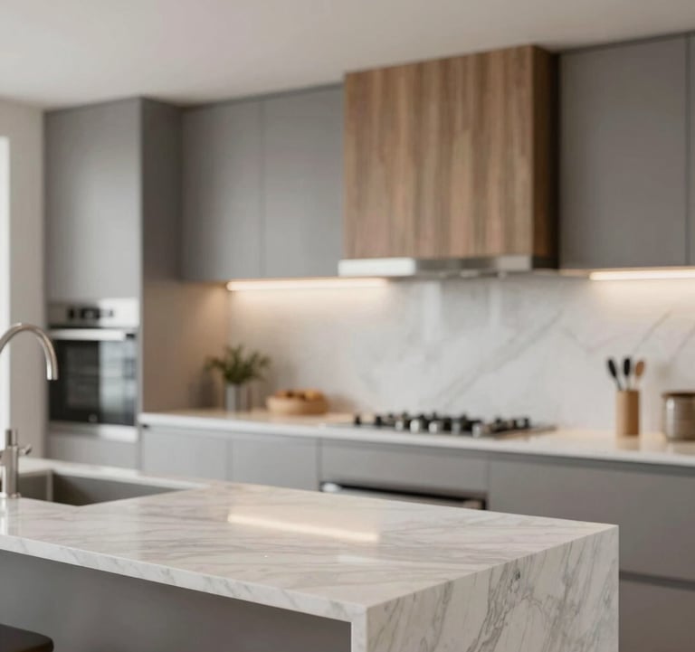 Modern kitchen interior of a high-end development featuring marble countertops and custom cabinetry in soft grey and wood tones. Elegant and functional.
