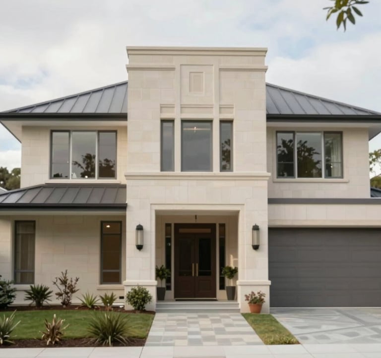An exterior view of a completed custom luxury home facade in NSW. The building features premium natural stone, architectural metal accents, and a grand entrance. The style is modern yet timeless, evoking enduring quality. Mood is sophisticated and affluent, using #F5F2ED and #C8B8A3.