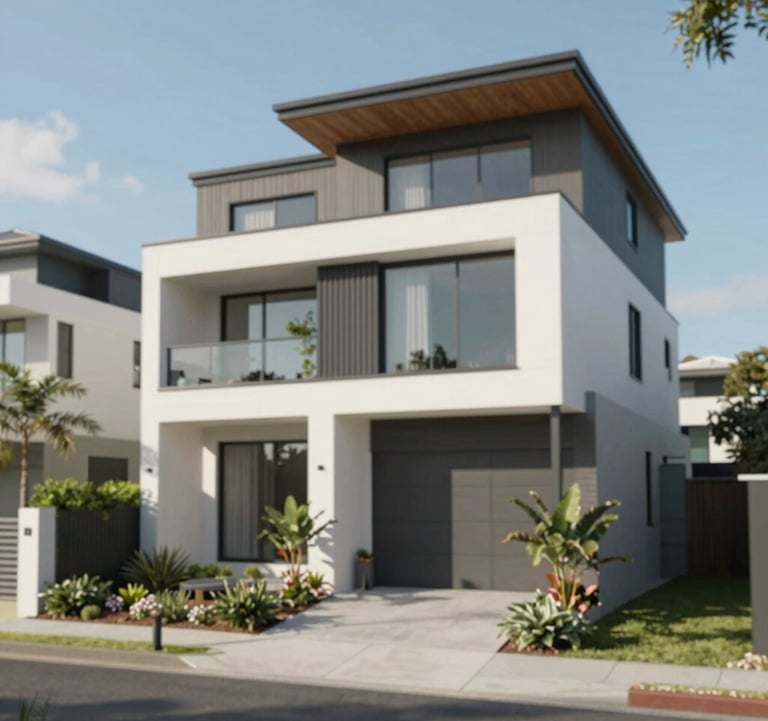 Exterior shot of a contemporary multi-dwelling townhouse development in a coastal NSW suburb. Sophisticated architectural lines, high-end materials, and professional landscaping. Clean and modern aesthetic.