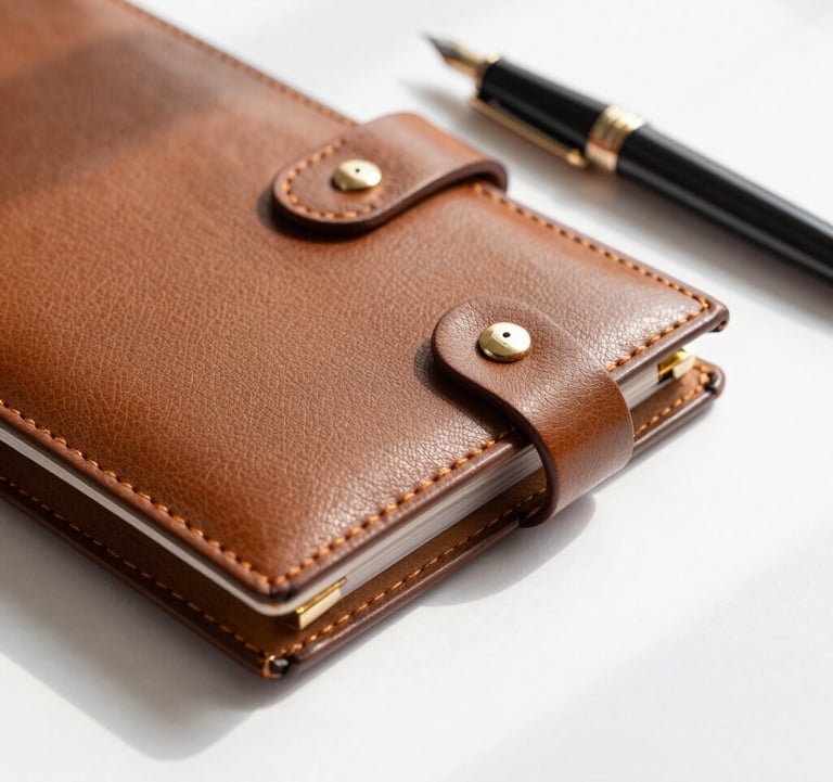 Close-up of a luxury leather planner and a fountain pen resting on a pure white surface. Soft natural lighting, elegant shadows, European aesthetic.