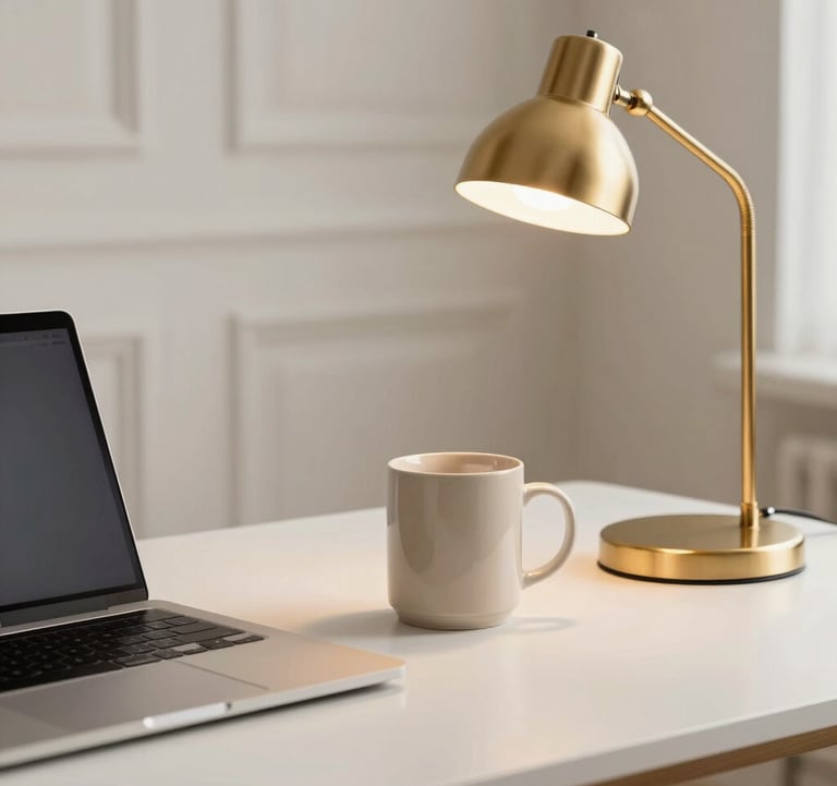A clean, high-end desk setup with a thin laptop, a sand beige ceramic mug, and a delicate gold-toned task lamp. Professional French interior, feminine and minimalist style.