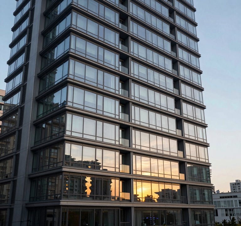 Architectural photography of a modern residential glass tower in a North American city. The reflection of the sky on the windows shows soft slate blue and gold tones from the setting sun, representing premium real estate investment.