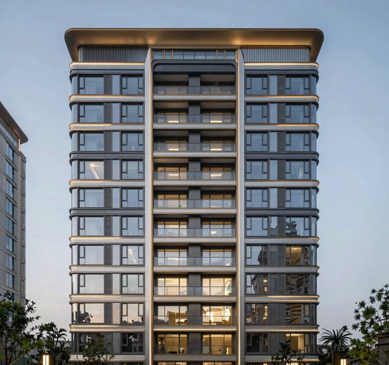 An architectural photograph of a sleek, modern residential development in a prestigious US neighborhood. The facade features glass, dark steel, and elegant lighting, evoking luxury.