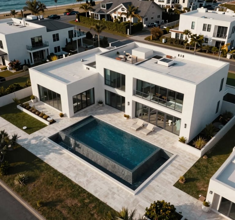 An aerial perspective of a sprawling modern coastal estate in the North American / US, featuring clean geometric architecture, deep Dark Blue pool water, and Off White stone patios.