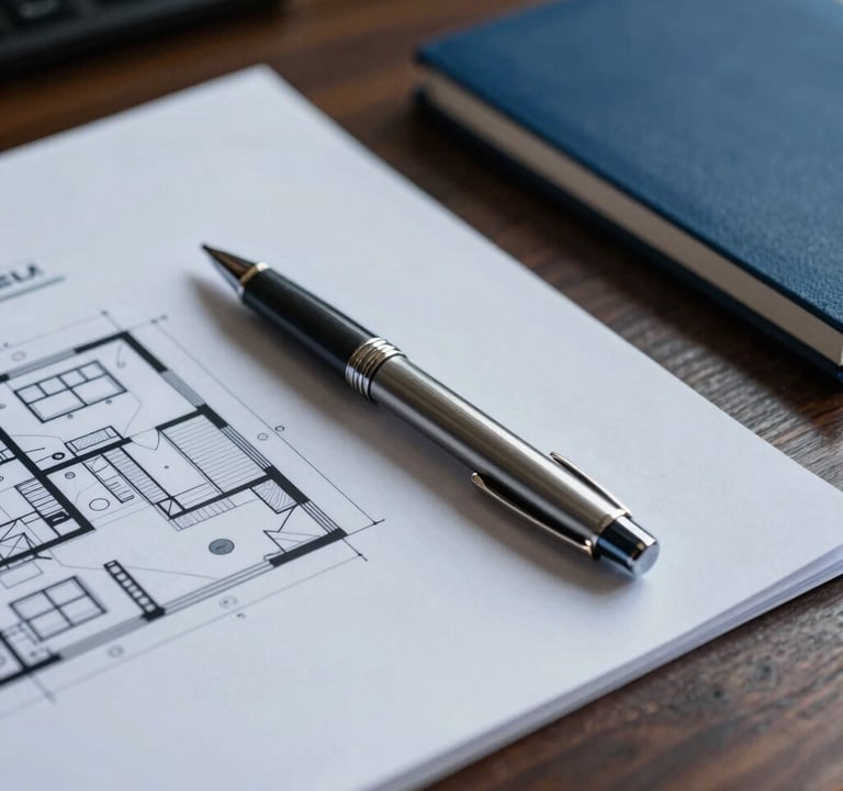 A close-up photograph of architectural plans and a high-end metal pen resting on a dark wood desk in a North American corporate setting. The lighting is focused and professional, highlighting textures of paper and wood in a palette of deep blues and greys.