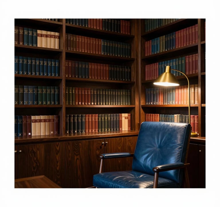 A crisp, high-contrast photograph of a private library in a North American executive suite, dark wood bookshelves, a Mid Blue leather chair, and a single Gold lamp providing warm light.