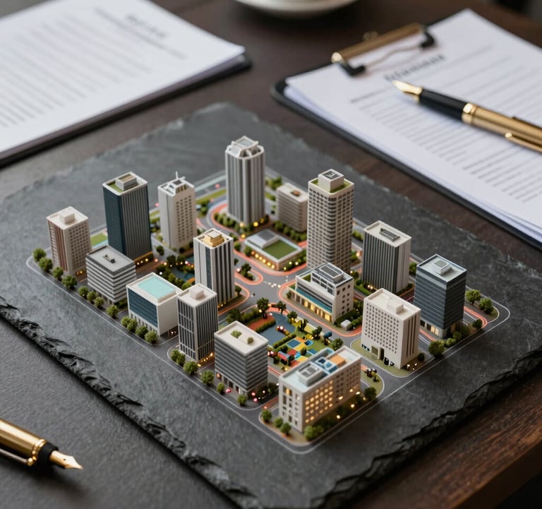 A high-angle photograph of a sophisticated urban development plan laid out on a dark slate table, accompanied by a gold fountain pen and professional documents. Elite atmosphere.