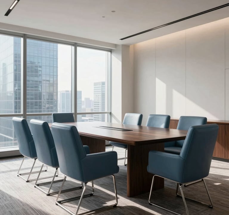 Clean, minimalist photography of a luxury boardroom interior in a North American skyscraper. Slate blue leather chairs surround a dark wood table. Natural morning light filters through large windows, highlighting professional elegance.