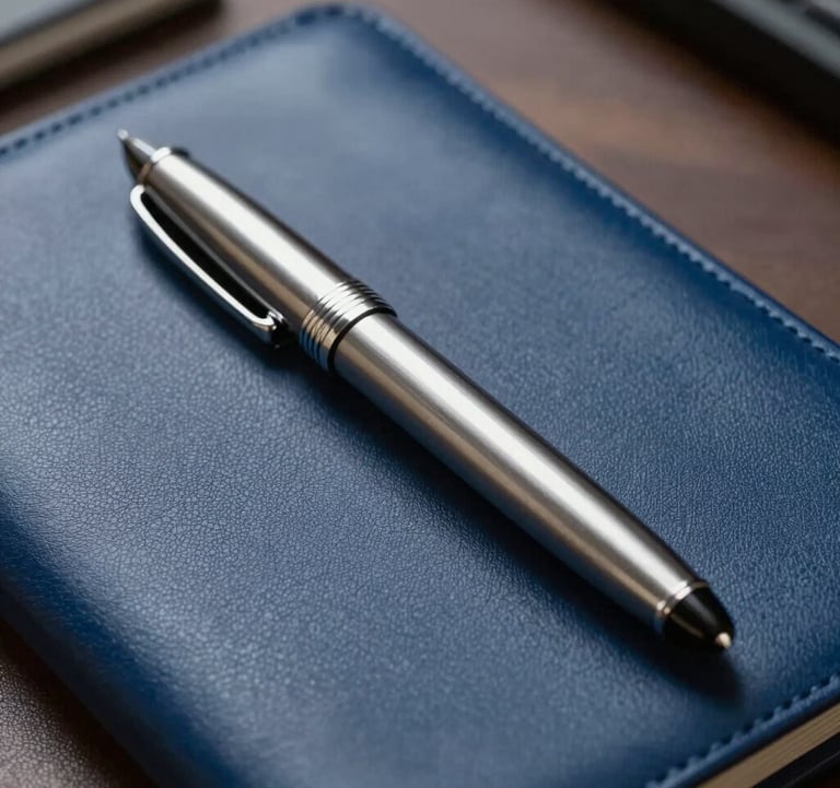 Close-up photography of a silver fountain pen resting on a dark blue leather portfolio. The lighting is focused and soft, suggesting intellectual rigor and precision in a modern North American office setting.