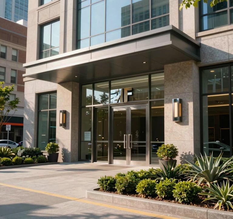 A sharp, clear photograph of a modern commercial property entrance with a polished metal logo and manicured landscaping. The lighting is bright morning sun, reflecting off clean glass and stone in a North American urban center.