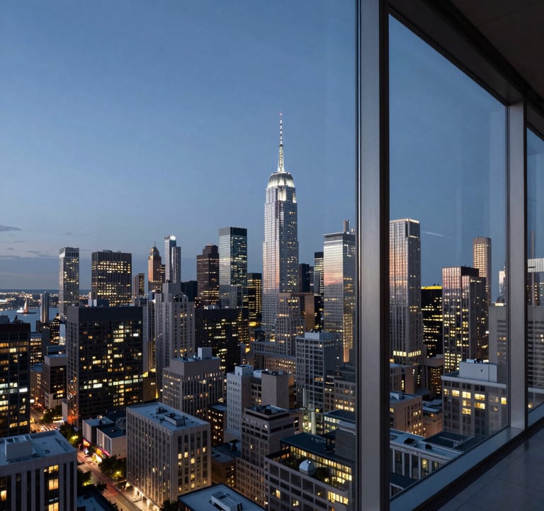 A professional photograph of a luxury penthouse view overlooking a sprawling North American skyline at dusk. The city lights begin to twinkle in cool light blue and grey tones, reflecting a premium, high-stakes investment environment.