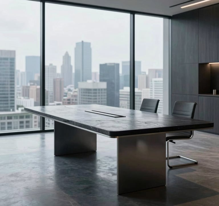 A sleek, contemporary boardroom table made of dark stone and metal, reflecting a wall of glass overlooking a cityscape. The scene is empty, conveying a sense of quiet power and intellectual focus.