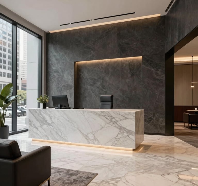 An interior shot of a sophisticated, high-end commercial office in a North American city. The space features dark grey and off-white tones, marble surfaces, and soft, warm lighting. The style is modern and professional, suggesting intellectual rigor and exclusivity.