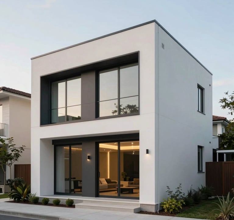 Exterior shot of a modern, minimalist residential building with clean lines and large windows, situated in an upscale North American neighborhood. The color palette consists of off-white and dark grey with gold accents from the interior lighting.