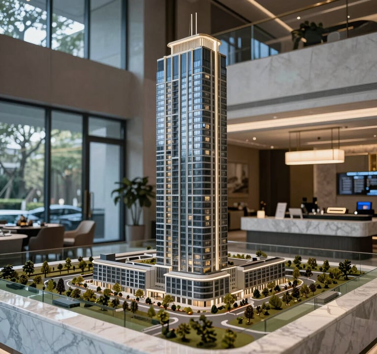 A sophisticated interior of a luxury real estate development showroom in the North American / US, featuring a marble scale model of a tower, muted Grey Blue and Off White palette, soft evening light.