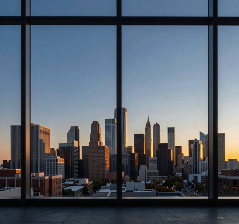 A view through a minimalist glass window of a sunset over a modern US financial district. The sky is a deep blue and gold. The composition is clean, airy, and forward-looking.