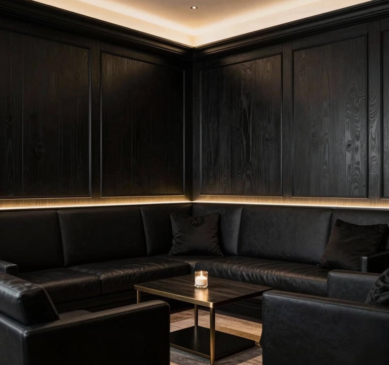 An intimate and elegant private lounge for client consultations, featuring deep black wood paneling and light gold accents. Professional European / Swiss atmosphere, exclusive and confidential vibe.
