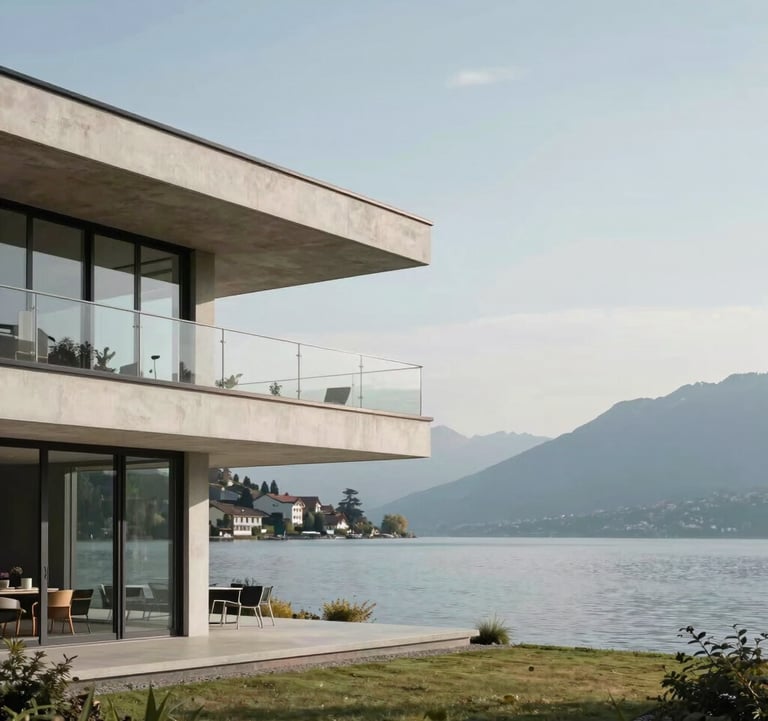 Luxury exterior view of a modern lakeside property in Geneva. Clean architectural lines, negative space, professional photography, soft daylight. Minimalist design reflecting quiet luxury. European Swiss setting.