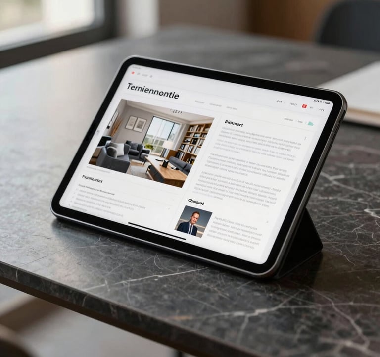 Close-up of a sleek digital tablet displaying property analytics and high-end marketing strategies, resting on a minimalist dark marble table. Soft natural light, European / Swiss office setting, quiet luxury style.
