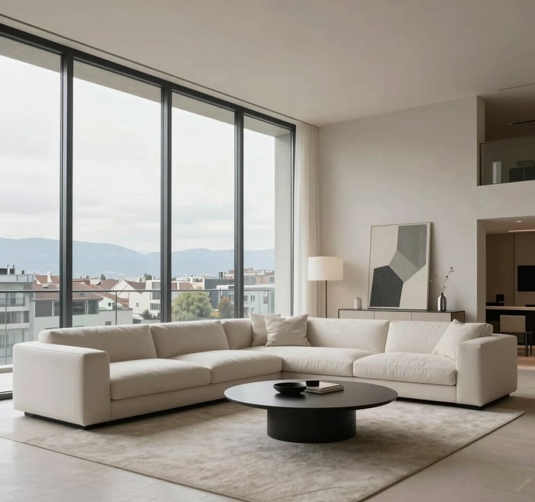 Interior photography of a luxury minimalist penthouse in Geneva city center. Large floor-to-ceiling windows, high-end designer furniture, neutral off-white palette. Sophisticated architectural magazine style. European Swiss context.
