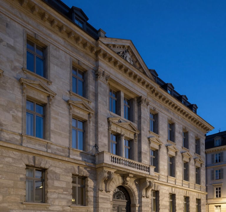 A twilight shot of a classic Geneva building façade renovated with modern minimalist style. Elegant stone textures and night blue evening sky. Professional real estate photography.