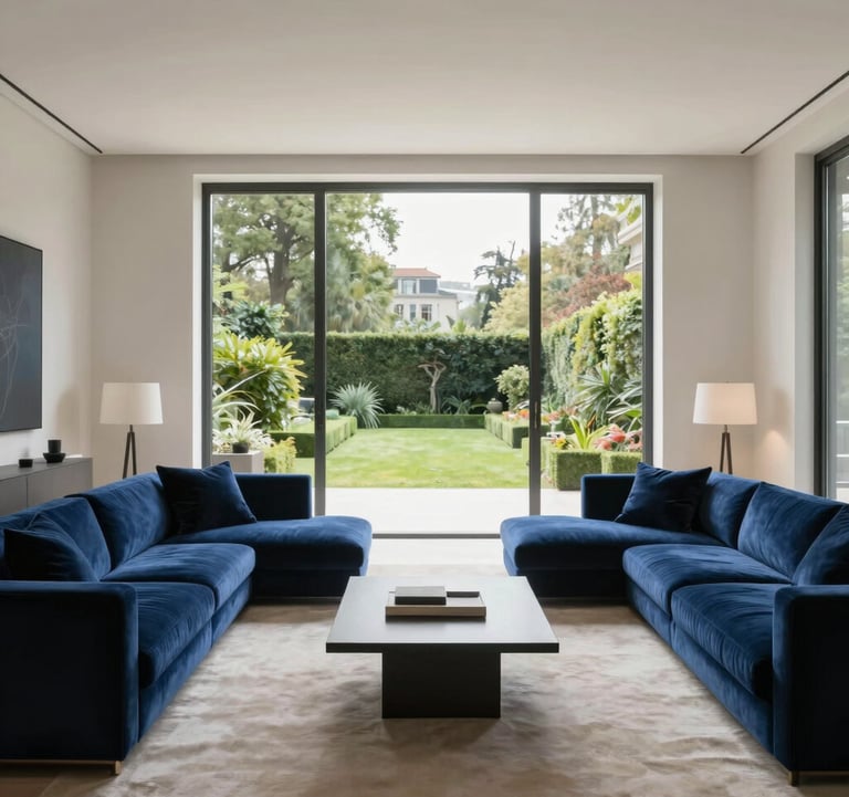 Luxury living room interior in a Geneva apartment, featuring velvet night blue sofas, off-white walls, and floor-to-ceiling windows overlooking a manicured garden. Minimalist architectural photography style.