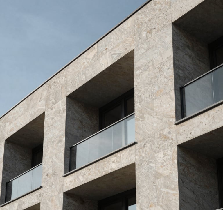 Modern stone facade of a high-end property in Cologny, Switzerland. Architectural detail focusing on luxury materials and minimalist design under a clear sky.