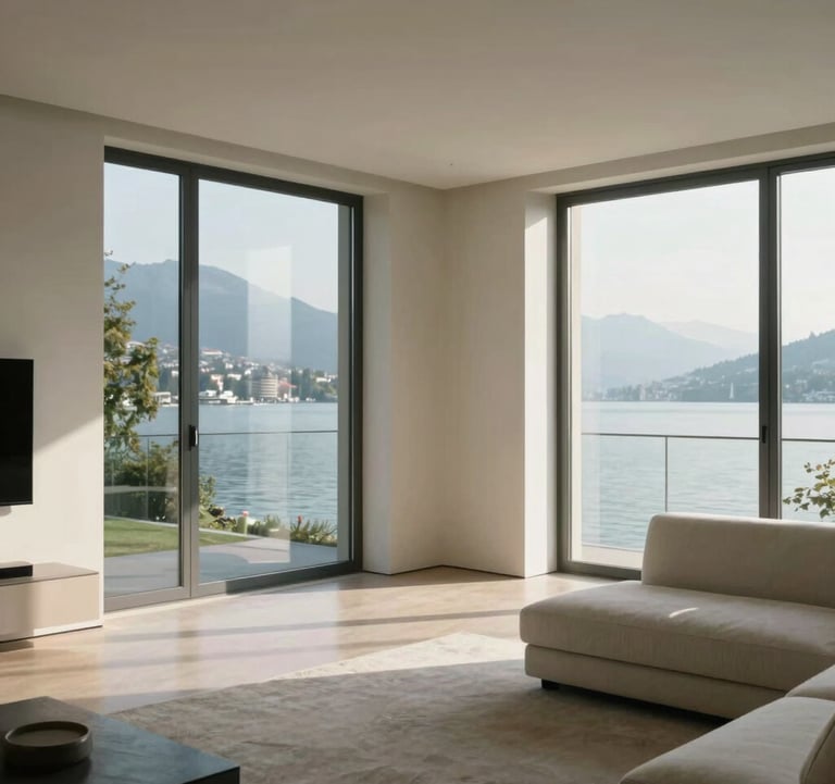 Interior view of a modern luxury apartment in Cologny, featuring minimalist furniture, off-white walls, and floor-to-ceiling windows showing the Geneva lakefront. Soft morning light, professional architectural photography.