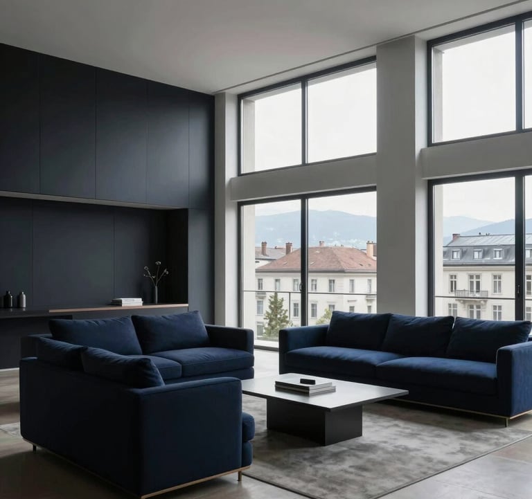Minimalist interior design of a Geneva penthouse, featuring furniture in deep black and night blue tones, high ceilings, large windows, Swiss architectural elegance, quiet luxury.