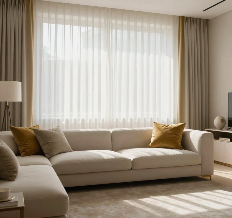 High-end real estate photography of a minimalist living room in Cologny, soft lighting filtering through sheer curtains, off-white and gold accents, exclusive atmosphere.