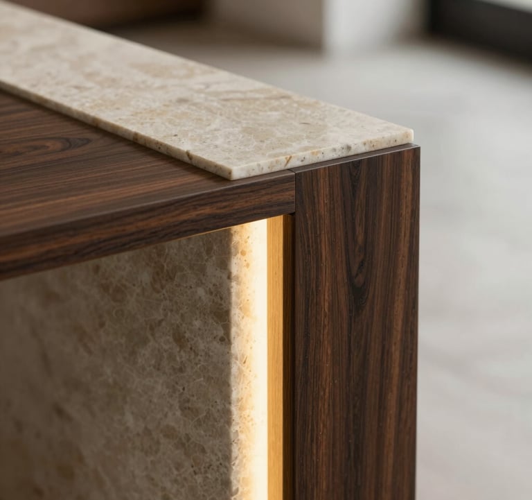 Close-up detail of high-end materials in a Swiss residence: polished stone, dark wood, and golden light accents. Quiet luxury aesthetic, minimalist composition, shallow depth of field.