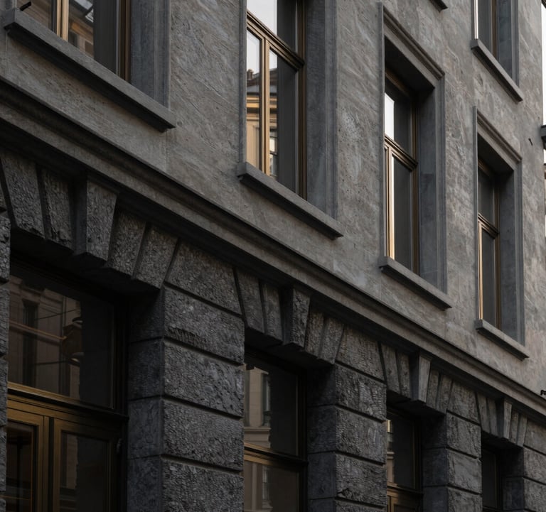 Close-up architectural photography of a prestigious stone façade in the Champel district of Geneva. Minimalist aesthetic, luxury real estate, soft natural morning light. Deep black and gold accents. European Swiss style.