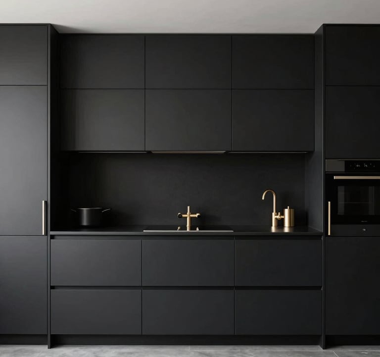 High-end minimalist kitchen in a Geneva property with black matte cabinetry and light gold fixtures. Architectural photography with a focus on symmetry and clean lines.