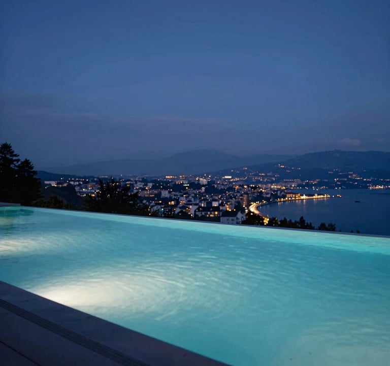 Infinity pool at dusk reflecting a night blue sky, overlooking the Geneva landscape. Clean, quiet luxury aesthetic, high-end real estate magazine style.