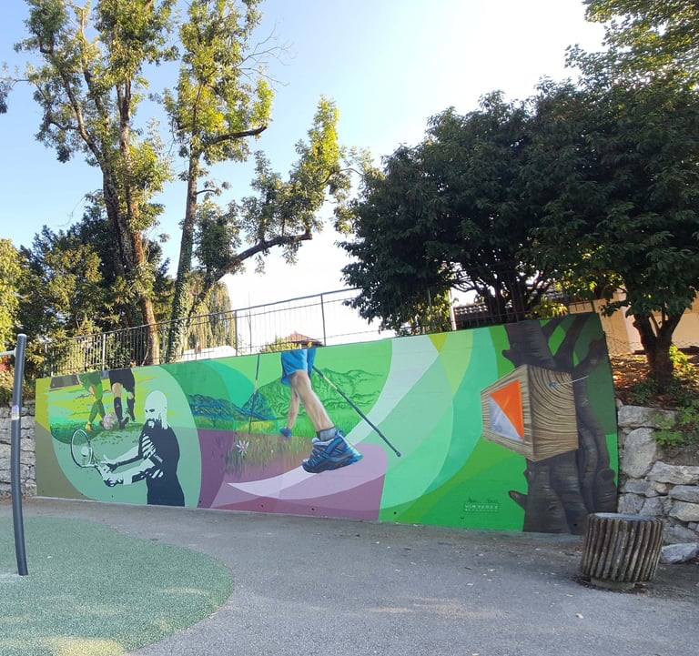 Green wall mural depicting sports like tennis, hiking, and orienteering in a public park setting.