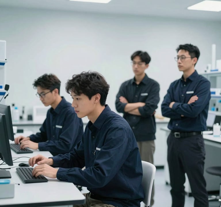 A group of professional researchers and developers in a bright, modern lab environment. They are dressed in smart-casual dark navy attire, working together in a space with pale mist walls.