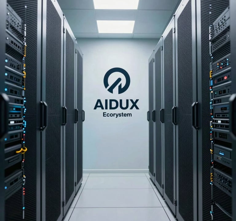 A clean, bright photograph of a modern server room aisle with soft teal and pearl white lighting. The composition is symmetrical and professional, representing the robust Web3 infrastructure and security of the AIDUX token ecosystem.