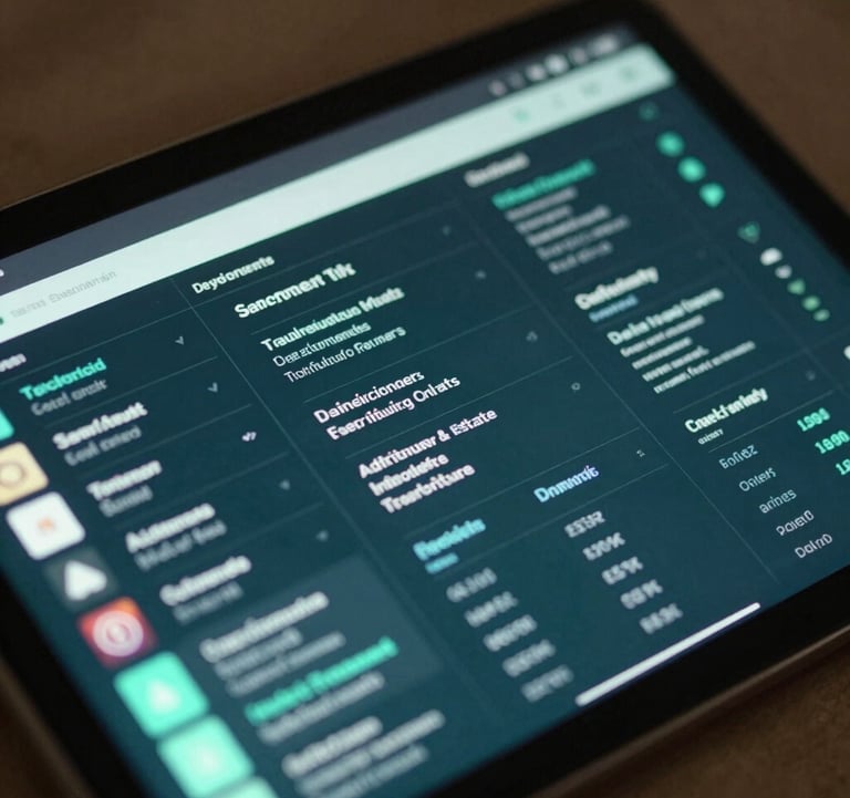 A close-up shot of a high-tech digital tablet showing a dashboard of tokenized real estate and infrastructure assets. The interface is clean and futuristic, with highlights in Deep Oceanic Teal and Soft Frosted Mint. Shallow depth of field.